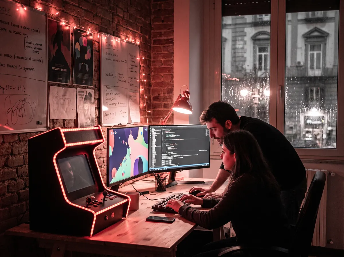 Il nostro studio a Napoli: sviluppo di un gioco con un cabinato arcade illuminato di rosso
