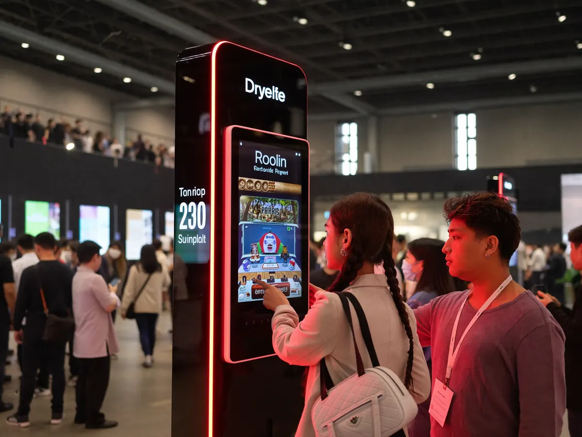 Totem touch nero con luci rosse in fiera, due visitatori giocano sullo schermo