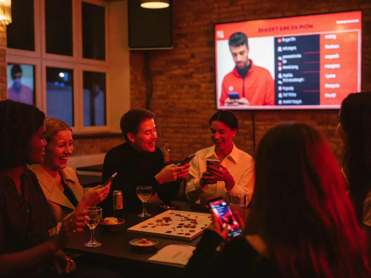 Amici in un locale giocano a un quiz FRD dal telefono, con la classifica sullo schermo