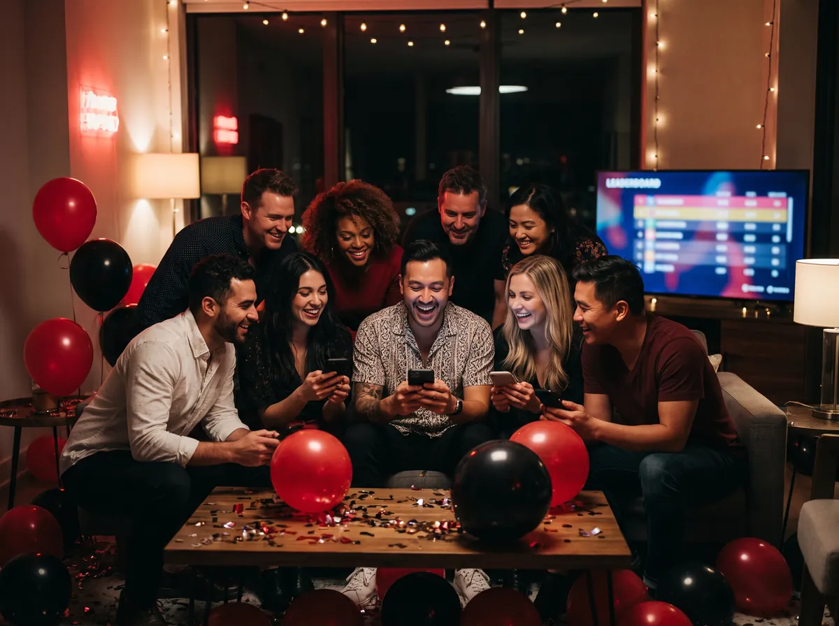 Festa di compleanno con palloncini rossi e neri: gli invitati giocano insieme dal telefono, la classifica è sulla TV